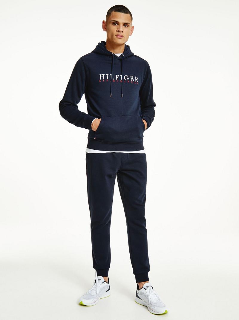 Férfi Tommy Hilfiger Organic Pamut Logo Hoodies Sötétkék | HU 1237BEX